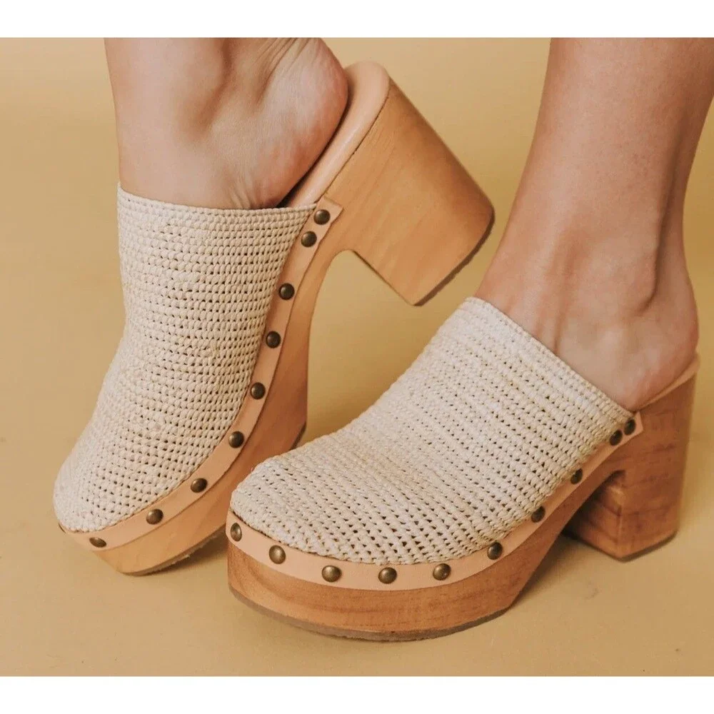 Free People Women Clog Shoes Tan Claudia Crochet Brass Studded Wood Sz 40 10